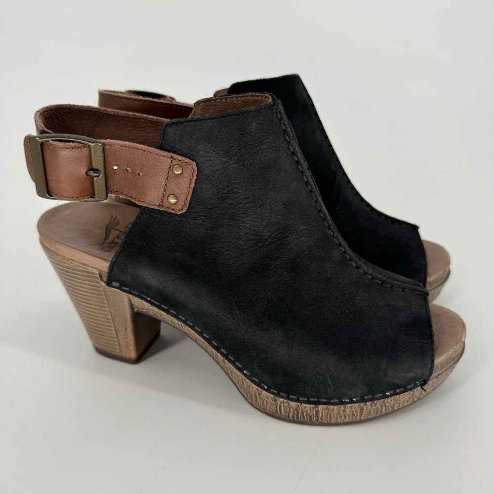 Dansko Reggie Black‎ Nubuck Leather Slingback Peep Toe Clogs Sandals Heels EU 38